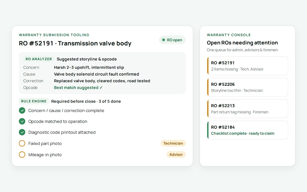 Warranty submission tooling with RO analyzer, rule engine, and warranty console
